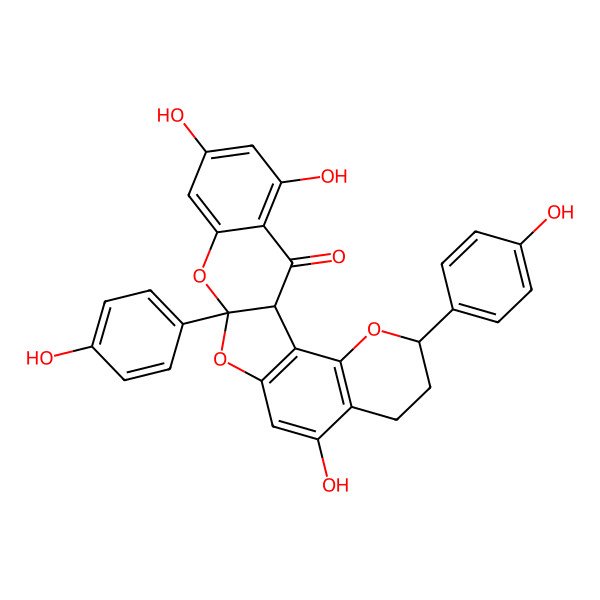 2D Structure of 9,17,19-Trihydroxy-5,13-bis(4-hydroxyphenyl)-4,12,14-trioxapentacyclo[11.8.0.02,11.03,8.015,20]henicosa-2(11),3(8),9,15,17,19-hexaen-21-one