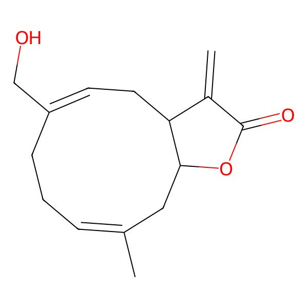 2D Structure of (3aR,5Z,9E,11aS)-6-(hydroxymethyl)-10-methyl-3-methylidene-3a,4,7,8,11,11a-hexahydrocyclodeca[b]furan-2-one
