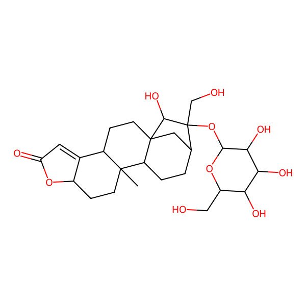 2D Structure of (1R,4S,9R,12S,13S,16R,17R,18R)-18-hydroxy-17-(hydroxymethyl)-12-methyl-17-[(2S,3R,4S,5S,6R)-3,4,5-trihydroxy-6-(hydroxymethyl)oxan-2-yl]oxy-8-oxapentacyclo[14.2.1.01,13.04,12.05,9]nonadec-5-en-7-one