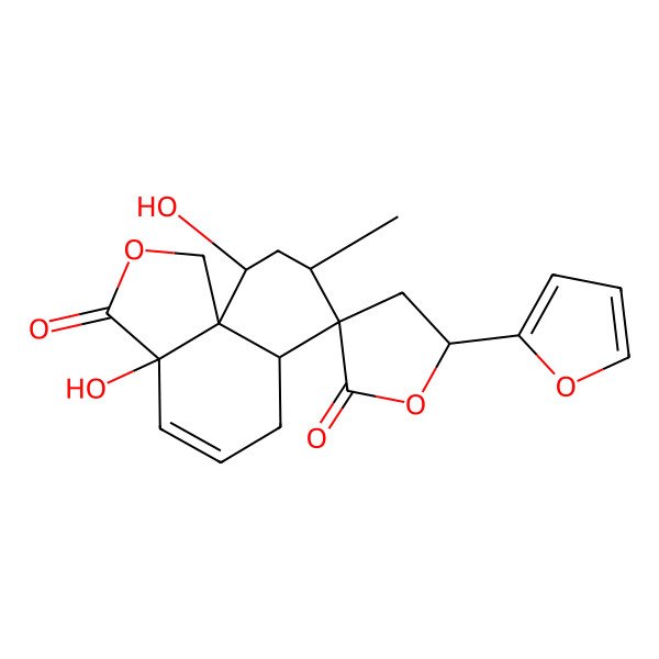 2D Structure of 5'-(Furan-2-yl)-3a,10-dihydroxy-8-methylspiro[1,6,6a,8,9,10-hexahydrobenzo[d][2]benzofuran-7,3'-oxolane]-2',3-dione