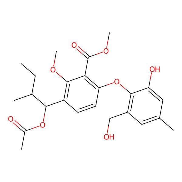 2D Structure of methyl 3-[(1S,2R)-1-acetyloxy-2-methylbutyl]-6-[2-hydroxy-6-(hydroxymethyl)-4-methylphenoxy]-2-methoxybenzoate
