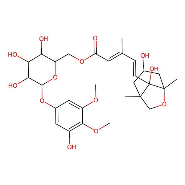 2D Structure of [(2R,3S,4S,5R,6S)-3,4,5-trihydroxy-6-(3-hydroxy-4,5-dimethoxyphenoxy)oxan-2-yl]methyl (2E,4E)-5-[(1S,3S,5S,8S)-3,8-dihydroxy-1,5-dimethyl-6-oxabicyclo[3.2.1]octan-8-yl]-3-methylpenta-2,4-dienoate