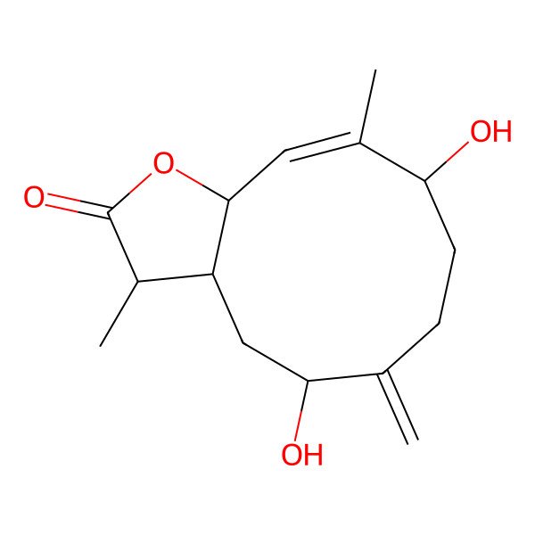 2D Structure of (3S,3aS,5S,9S,10E,11aR)-5,9-dihydroxy-3,10-dimethyl-6-methylidene-3,3a,4,5,7,8,9,11a-octahydrocyclodeca[b]furan-2-one