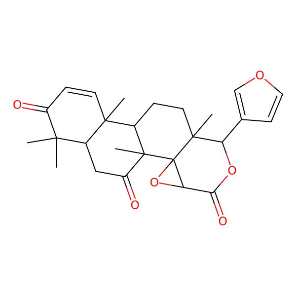 2D Structure of (1R,2R,4S,7S,8S,11R,12S)-7-(furan-3-yl)-1,8,12,16,16-pentamethyl-3,6-dioxapentacyclo[9.8.0.02,4.02,8.012,17]nonadec-13-ene-5,15,19-trione