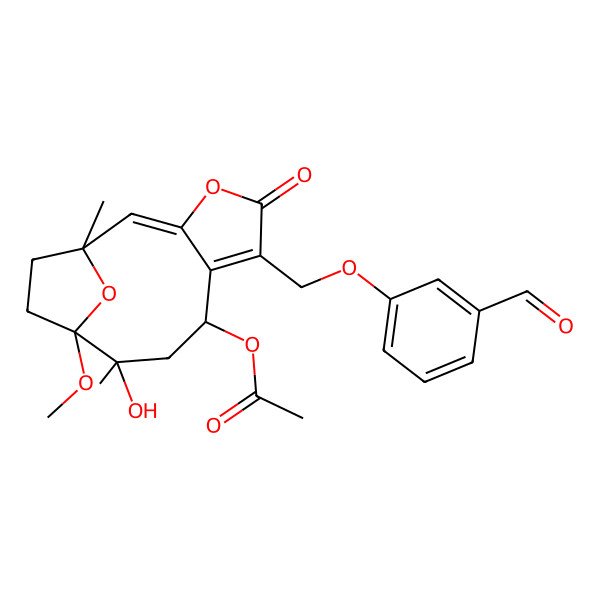 2D Structure of [(1R,2E,8R,10S,11S)-6-[(3-formylphenoxy)methyl]-10-hydroxy-11-methoxy-1,10-dimethyl-5-oxo-4,14-dioxatricyclo[9.2.1.03,7]tetradeca-2,6-dien-8-yl] acetate