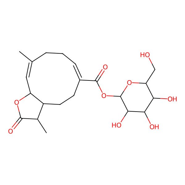 2D Structure of [(2S,3R,4S,5S,6R)-3,4,5-trihydroxy-6-(hydroxymethyl)oxan-2-yl] (3S,3aS,6Z,10E,11aS)-3,10-dimethyl-2-oxo-3a,4,5,8,9,11a-hexahydro-3H-cyclodeca[b]furan-6-carboxylate