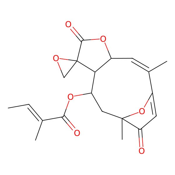2D Structure of (2,11-Dimethyl-6,12-dioxospiro[5,14-dioxatricyclo[9.2.1.04,8]tetradeca-1(13),2-diene-7,2'-oxirane]-9-yl) 2-methylbut-2-enoate