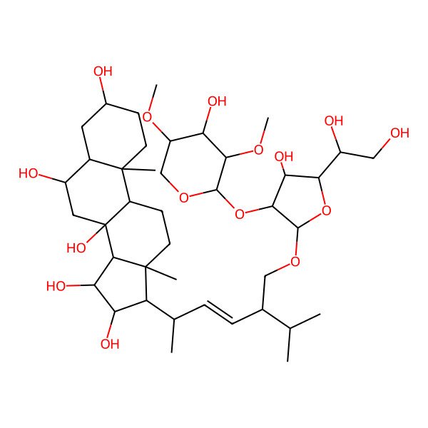 2D Structure of 17-[5-[[5-(1,2-Dihydroxyethyl)-4-hydroxy-3-(4-hydroxy-3,5-dimethoxyoxan-2-yl)oxyoxolan-2-yl]oxymethyl]-6-methylhept-3-en-2-yl]-10,13-dimethyl-1,2,3,4,5,6,7,9,11,12,14,15,16,17-tetradecahydrocyclopenta[a]phenanthrene-3,6,8,15,16-pentol