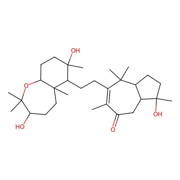 2D Structure of (3R,3aR,8aR)-7-[2-[(3R,5aR,6R,7S,9aR)-3,7-dihydroxy-2,2,5a,7-tetramethyl-4,5,6,8,9,9a-hexahydro-3H-benzo[b]oxepin-6-yl]ethyl]-3-hydroxy-3,6,8,8-tetramethyl-2,3a,4,8a-tetrahydro-1H-azulen-5-one
