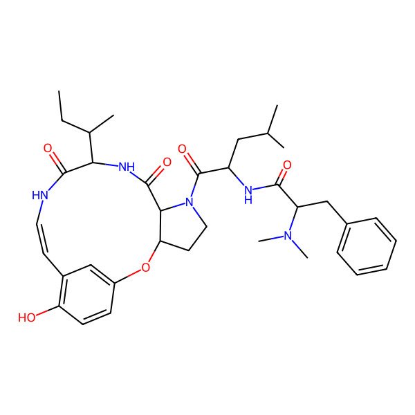 2D Structure of N-[1-(10-butan-2-yl-16-hydroxy-8,11-dioxo-2-oxa-6,9,12-triazatricyclo[13.3.1.03,7]nonadeca-1(19),13,15,17-tetraen-6-yl)-4-methyl-1-oxopentan-2-yl]-2-(dimethylamino)-3-phenylpropanamide