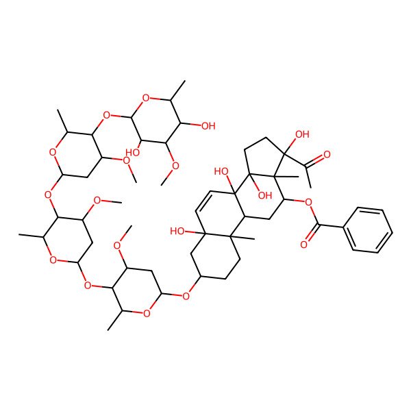 2D Structure of [17-acetyl-3-[5-[5-[5-(3,5-dihydroxy-4-methoxy-6-methyloxan-2-yl)oxy-4-methoxy-6-methyloxan-2-yl]oxy-4-methoxy-6-methyloxan-2-yl]oxy-4-methoxy-6-methyloxan-2-yl]oxy-5,8,14,17-tetrahydroxy-10,13-dimethyl-2,3,4,9,11,12,15,16-octahydro-1H-cyclopenta[a]phenanthren-12-yl] benzoate