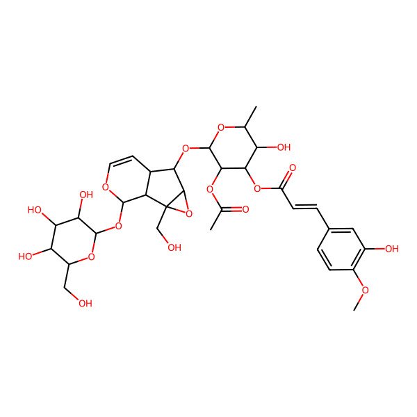 2D Structure of [3-Acetyloxy-5-hydroxy-2-[[2-(hydroxymethyl)-10-[3,4,5-trihydroxy-6-(hydroxymethyl)oxan-2-yl]oxy-3,9-dioxatricyclo[4.4.0.02,4]dec-7-en-5-yl]oxy]-6-methyloxan-4-yl] 3-(3-hydroxy-4-methoxyphenyl)prop-2-enoate