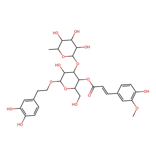 2D Structure of [(2R,3R,4R,5R,6R)-6-[2-(3,4-dihydroxyphenyl)ethoxy]-5-hydroxy-2-(hydroxymethyl)-4-[(2R,3R,4R,5R,6S)-3,4,5-trihydroxy-6-methyloxan-2-yl]oxyoxan-3-yl] (E)-3-(4-hydroxy-3-methoxyphenyl)prop-2-enoate