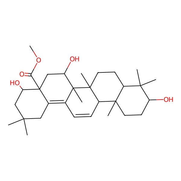 2D Structure of methyl (4S,4aS,6R,6aR,6aR,6bS,8aS,10R,12aR)-4,6,10-trihydroxy-2,2,6a,6b,9,9,12a-heptamethyl-1,3,4,5,6,6a,7,8,8a,10,11,12-dodecahydropicene-4a-carboxylate