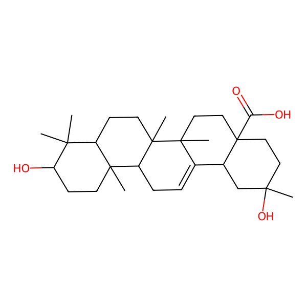 2D Structure of (2R,4aR,6aR,6aS,6bR,8aS,10S,12aR,14bS)-2,10-dihydroxy-2,6a,6b,9,9,12a-hexamethyl-1,3,4,5,6,6a,7,8,8a,10,11,12,13,14b-tetradecahydropicene-4a-carboxylic acid