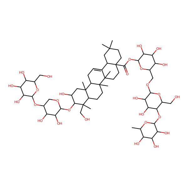 2D Structure of [(2S,3R,4S,5S,6R)-6-[[(2R,3R,4R,5S,6R)-3,4-dihydroxy-6-(hydroxymethyl)-5-[(2S,3R,4R,5R,6S)-3,4,5-trihydroxy-6-methyloxan-2-yl]oxyoxan-2-yl]oxymethyl]-3,4,5-trihydroxyoxan-2-yl] (4aS,6aR,6aS,6bR,8aR,9R,10R,11R,12aR,14bS)-10-[(2S,3R,4R,5S)-3,4-dihydroxy-5-[(2S,3R,4S,5S,6R)-3,4,5-trihydroxy-6-(hydroxymethyl)oxan-2-yl]oxyoxan-2-yl]oxy-11-hydroxy-9-(hydroxymethyl)-2,2,6a,6b,9,12a-hexamethyl-1,3,4,5,6,6a,7,8,8a,10,11,12,13,14b-tetradecahydropicene-4a-carboxylate