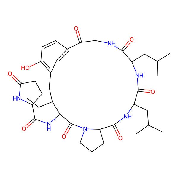 2D Structure of (2S)-N-[(4S,10S,13S,16S)-3-ethyl-24-hydroxy-13,16-bis(2-methylpropyl)-5,11,14,17,20-pentaoxo-6,12,15,18-tetrazatricyclo[19.3.1.06,10]pentacosa-1(24),21(25),22-trien-4-yl]-5-oxopyrrolidine-2-carboxamide