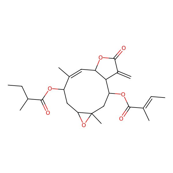 2D Structure of [(1R,2R,4S,6R,8S,9E,11R)-4,9-dimethyl-2-[(Z)-2-methylbut-2-enoyl]oxy-14-methylidene-13-oxo-5,12-dioxatricyclo[9.3.0.04,6]tetradec-9-en-8-yl] (2R)-2-methylbutanoate