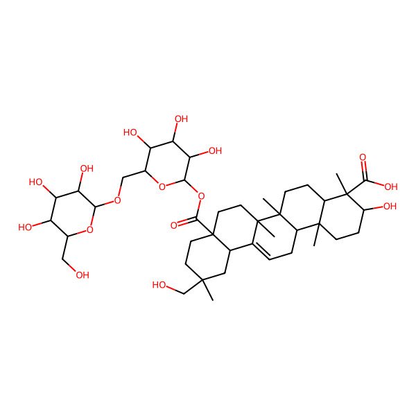 2D Structure of 3-hydroxy-11-(hydroxymethyl)-4,6a,6b,11,14b-pentamethyl-8a-[(2S,3R,4S,5S,6R)-3,4,5-trihydroxy-6-[[(2R,3R,4S,5S,6R)-3,4,5-trihydroxy-6-(hydroxymethyl)oxan-2-yl]oxymethyl]oxan-2-yl]oxycarbonyl-1,2,3,4a,5,6,7,8,9,10,12,12a,14,14a-tetradecahydropicene-4-carboxylic acid