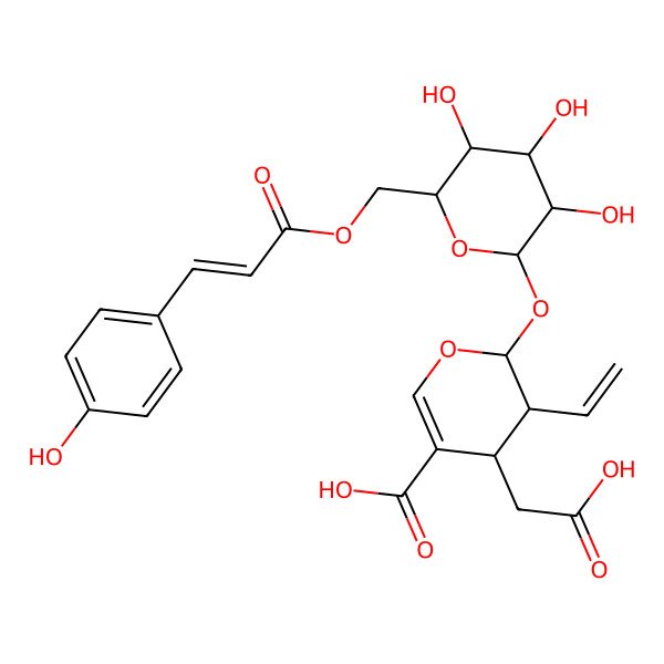 2D Structure of (2S,3R,4S)-4-(carboxymethyl)-3-ethenyl-2-[(2S,3R,4S,5S,6R)-3,4,5-trihydroxy-6-[[(E)-3-(4-hydroxyphenyl)prop-2-enoyl]oxymethyl]oxan-2-yl]oxy-3,4-dihydro-2H-pyran-5-carboxylic acid
