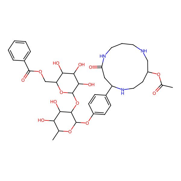2D Structure of [6-[2-[4-(11-Acetyloxy-4-oxo-1,5,9-triazacyclotridec-2-yl)phenoxy]-4,5-dihydroxy-6-methyloxan-3-yl]oxy-3,4,5-trihydroxyoxan-2-yl]methyl benzoate