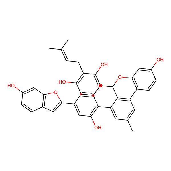 2D Structure of (1S)-1-[2,4-dihydroxy-3-(3-methylbut-2-enyl)phenyl]-17-(6-hydroxy-1-benzofuran-2-yl)-11-methyl-2,20-dioxapentacyclo[11.7.1.03,8.09,21.014,19]henicosa-3(8),4,6,9(21),10,12,14,16,18-nonaene-5,15-diol