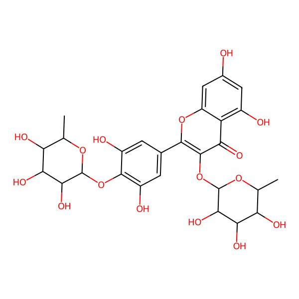 2D Structure of 2-[3,5-dihydroxy-4-[(2S,3R,4R,5R,6S)-3,4,5-trihydroxy-6-methyloxan-2-yl]oxyphenyl]-5,7-dihydroxy-3-[(2S,3R,4R,5R,6S)-3,4,5-trihydroxy-6-methyloxan-2-yl]oxychromen-4-one