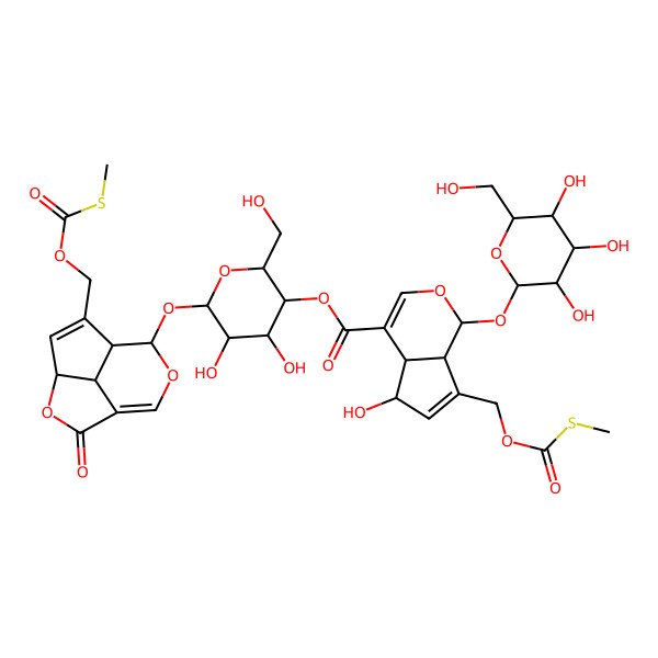 2D Structure of [(2R,3S,4R,5R,6S)-4,5-dihydroxy-2-(hydroxymethyl)-6-[[(4S,7S,8S,11S)-6-(methylsulfanylcarbonyloxymethyl)-2-oxo-3,9-dioxatricyclo[5.3.1.04,11]undeca-1(10),5-dien-8-yl]oxy]oxan-3-yl] (1S,4aS,5S,7aS)-5-hydroxy-7-(methylsulfanylcarbonyloxymethyl)-1-[(2S,3R,4S,5S,6R)-3,4,5-trihydroxy-6-(hydroxymethyl)oxan-2-yl]oxy-1,4a,5,7a-tetrahydrocyclopenta[c]pyran-4-carboxylate