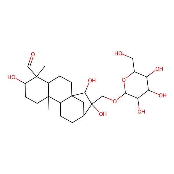 2D Structure of 6,14,15-Trihydroxy-5,9-dimethyl-14-[[3,4,5-trihydroxy-6-(hydroxymethyl)oxan-2-yl]oxymethyl]tetracyclo[11.2.1.01,10.04,9]hexadecane-5-carbaldehyde