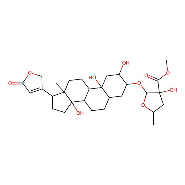 2D Structure of methyl 3-hydroxy-5-methyl-2-[[2,10,14-trihydroxy-13-methyl-17-(5-oxo-2H-furan-3-yl)-1,2,3,4,5,6,7,8,9,11,12,15,16,17-tetradecahydrocyclopenta[a]phenanthren-3-yl]oxy]oxolane-3-carboxylate