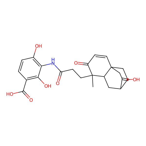 2D Structure of 2,4-dihydroxy-3-({3-[(2S,3S,4aR,8S,8aR)-3-hydroxy-8-methyl-10-methylidene-7-oxo-1,3,4,7,8,8a-hexahydro-2H-2,4a-ethanonaphthalen-8-yl]propanoyl}amino)benzoic acid