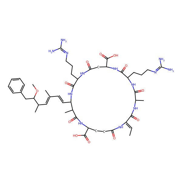 2D Structure of 8,15-Bis[3-(diaminomethylideneamino)propyl]-2-ethylidene-18-(6-methoxy-3,5-dimethyl-7-phenylhepta-1,3-dienyl)-5,19-dimethyl-3,6,9,13,16,20,25-heptaoxo-1,4,7,10,14,17,21-heptazacyclopentacosane-11,22-dicarboxylic acid