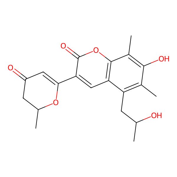 2D Structure of 7-hydroxy-5-[(2R)-2-hydroxypropyl]-6,8-dimethyl-3-(2-methyl-4-oxo-2,3-dihydropyran-6-yl)chromen-2-one