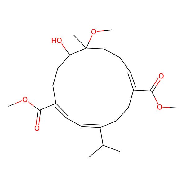 2D Structure of dimethyl (1E,3Z,7E,11S,12S)-12-hydroxy-11-methoxy-11-methyl-4-propan-2-ylcyclotetradeca-1,3,7-triene-1,7-dicarboxylate