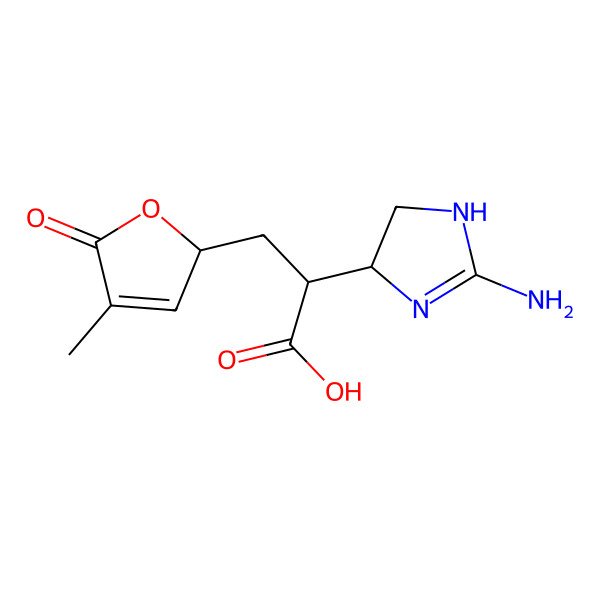 2D Structure of (2R)-2-[(4R)-2-amino-4,5-dihydro-1H-imidazol-4-yl]-3-[(2R)-4-methyl-5-oxo-2H-furan-2-yl]propanoic acid