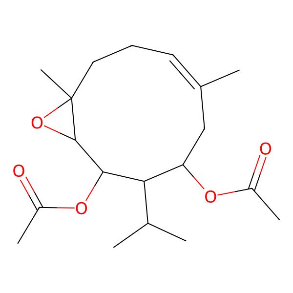 2D Structure of [(1S,2R,3R,4S,6E,10R)-2-acetyloxy-6,10-dimethyl-3-propan-2-yl-11-oxabicyclo[8.1.0]undec-6-en-4-yl] acetate