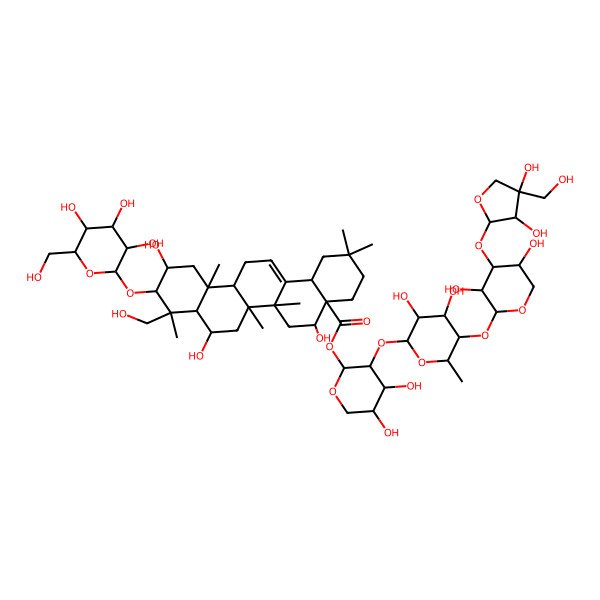 2D Structure of [3-[5-[4-[3,4-Dihydroxy-4-(hydroxymethyl)oxolan-2-yl]oxy-3,5-dihydroxyoxan-2-yl]oxy-3,4-dihydroxy-6-methyloxan-2-yl]oxy-4,5-dihydroxyoxan-2-yl] 5,8,11-trihydroxy-9-(hydroxymethyl)-2,2,6a,6b,9,12a-hexamethyl-10-[3,4,5-trihydroxy-6-(hydroxymethyl)oxan-2-yl]oxy-1,3,4,5,6,6a,7,8,8a,10,11,12,13,14b-tetradecahydropicene-4a-carboxylate