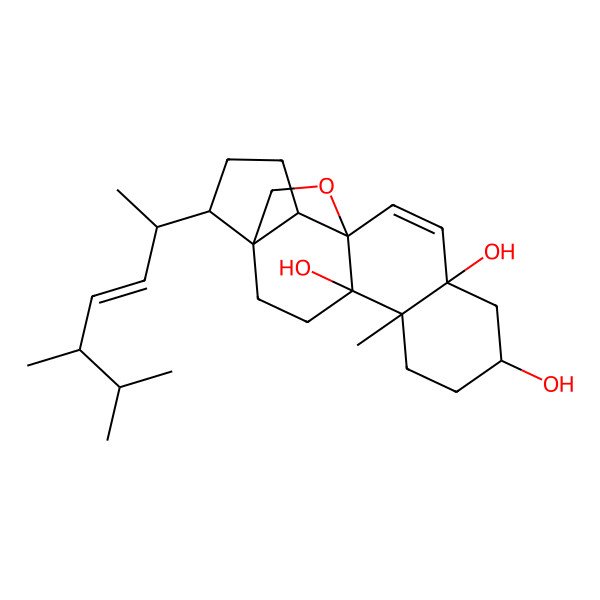 2D Structure of (1S,4R,5S,8S,10R,13R,14R,17R)-17-[(2R,5R)-5,6-dimethylhept-3-en-2-yl]-5-methyl-19-oxapentacyclo[11.4.2.01,14.04,13.05,10]nonadec-11-ene-4,8,10-triol