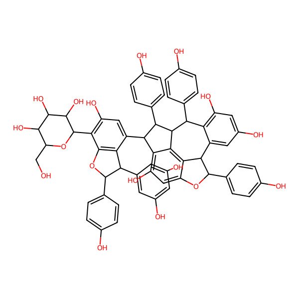 2D Structure of (1R,2S,3S,9R,10R,17R)-3-[(2R,3R)-3-(3,5-dihydroxyphenyl)-6-hydroxy-2-(4-hydroxyphenyl)-7-[(2S,3R,4R,5S,6R)-3,4,5-trihydroxy-6-(hydroxymethyl)oxan-2-yl]-2,3-dihydro-1-benzofuran-4-yl]-2,9,17-tris(4-hydroxyphenyl)-8-oxapentacyclo[8.7.2.04,18.07,19.011,16]nonadeca-4(18),5,7(19),11(16),12,14-hexaene-5,13,15-triol