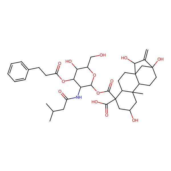 2D Structure of (1R,4S,5S,7S,9S,13S,15R)-7,13,15-trihydroxy-5-[5-hydroxy-6-(hydroxymethyl)-3-(3-methylbutanoylamino)-4-(3-phenylpropanoyloxy)oxan-2-yl]oxycarbonyl-9-methyl-14-methylidenetetracyclo[11.2.1.01,10.04,9]hexadecane-5-carboxylic acid