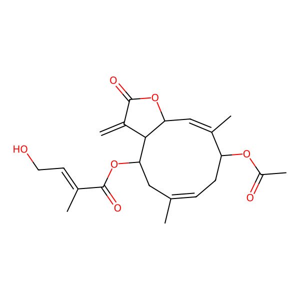 2D Structure of [(3aR,4R,9S,11aR)-9-acetyloxy-6,10-dimethyl-3-methylidene-2-oxo-3a,4,5,8,9,11a-hexahydrocyclodeca[b]furan-4-yl] 4-hydroxy-2-methylbut-2-enoate
