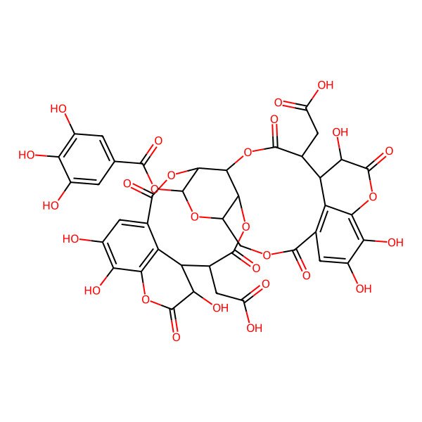 2D Structure of 2-[20-(Carboxymethyl)-13,14,18,29,33,34-hexahydroxy-2,10,17,21,26,30-hexaoxo-5-(3,4,5-trihydroxybenzoyl)oxy-3,6,9,16,22,25,31-heptaoxaheptacyclo[26.7.1.111,15.04,23.07,24.032,36.019,37]heptatriaconta-1(35),11,13,15(37),32(36),33-hexaen-27-yl]acetic acid