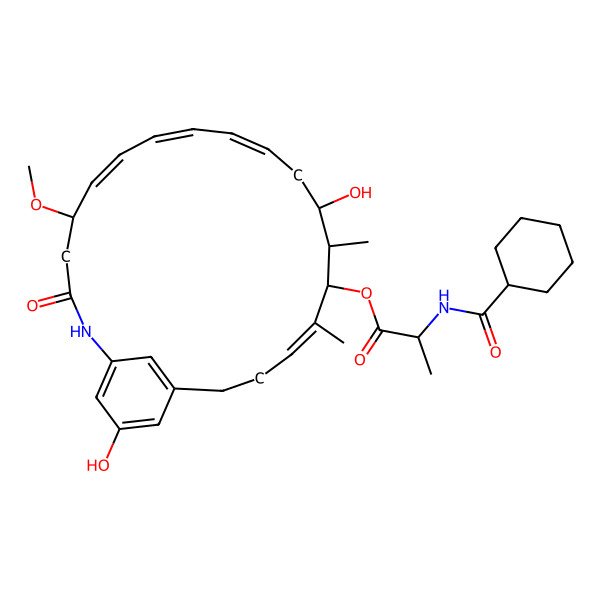 2D Structure of [(5R,6E,8E,10Z,13S,14R,15S,16E)-13,22-dihydroxy-5-methoxy-14,16-dimethyl-3-oxo-2-azabicyclo[18.3.1]tetracosa-1(23),6,8,10,16,20(24),21-heptaen-15-yl] (2S)-2-(cyclohexanecarbonylamino)propanoate