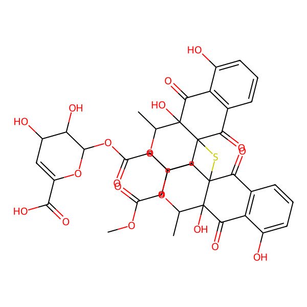 2D Structure of 2-[2-[4a-[[9,10a-dihydroxy-3-(2-methoxy-2-oxoethyl)-1-methyl-5,10-dioxo-3,4-dihydro-1H-benzo[g]isochromen-4a-yl]sulfanyl]-9,10a-dihydroxy-1-methyl-5,10-dioxo-3,4-dihydro-1H-benzo[g]isochromen-3-yl]acetyl]oxy-3,4-dihydroxy-3,4-dihydro-2H-pyran-6-carboxylic acid