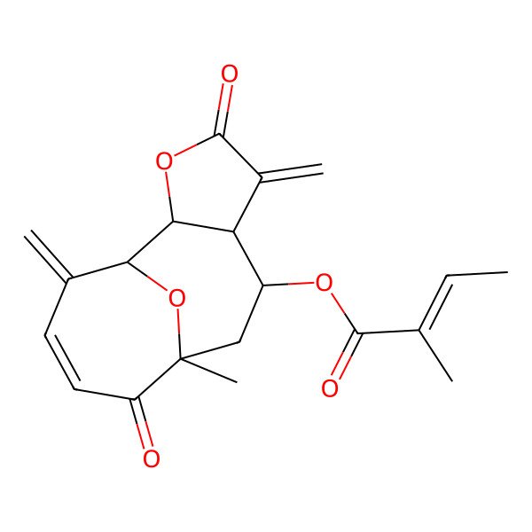 2D Structure of (9-Methyl-5,13-dimethylidene-4,10-dioxo-3,14-dioxatricyclo[7.4.1.02,6]tetradec-11-en-7-yl) 2-methylbut-2-enoate