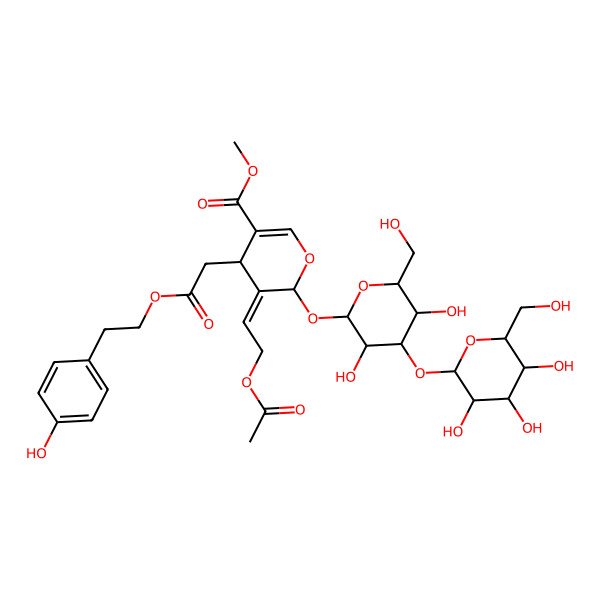 2D Structure of methyl 5-(2-acetyloxyethylidene)-6-[3,5-dihydroxy-6-(hydroxymethyl)-4-[3,4,5-trihydroxy-6-(hydroxymethyl)oxan-2-yl]oxyoxan-2-yl]oxy-4-[2-[2-(4-hydroxyphenyl)ethoxy]-2-oxoethyl]-4H-pyran-3-carboxylate