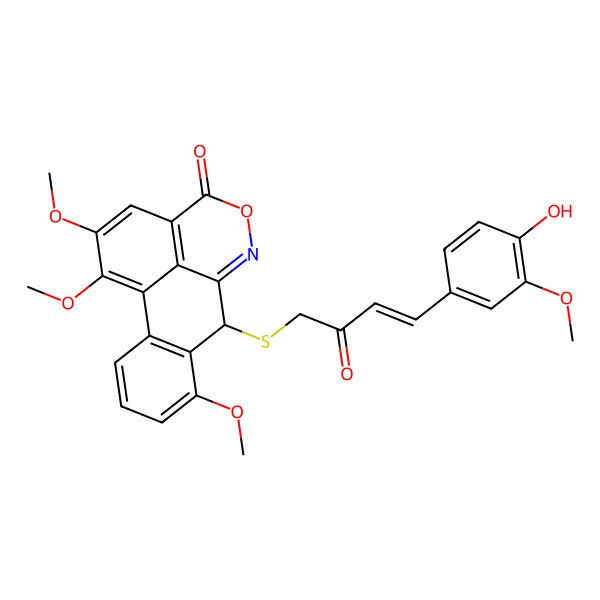 2D Structure of (8S)-8-[(E)-4-(4-hydroxy-3-methoxyphenyl)-2-oxobut-3-enyl]sulfanyl-6,15,16-trimethoxy-11-oxa-10-azatetracyclo[7.7.1.02,7.013,17]heptadeca-1(17),2(7),3,5,9,13,15-heptaen-12-one