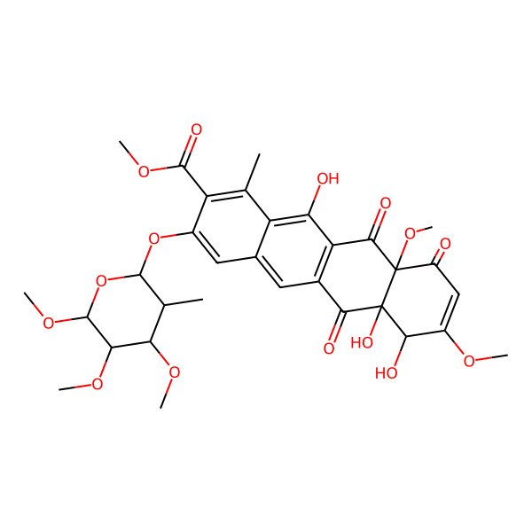 2D Structure of 2-Naphthacenecarboxylic acid, 3-((6-deoxy-2,3,4-tri-O-methyl-alpha-L-mannopyranosyl)oxy)-6,6a,7,10,10a,11-hexahydro-6a,7,12-trihydroxy-8,10a-dimethoxy-1-methyl-6,10,11-trioxo-, methyl ester, (6aR-(6aalpha,7alpha,10aalpha))-