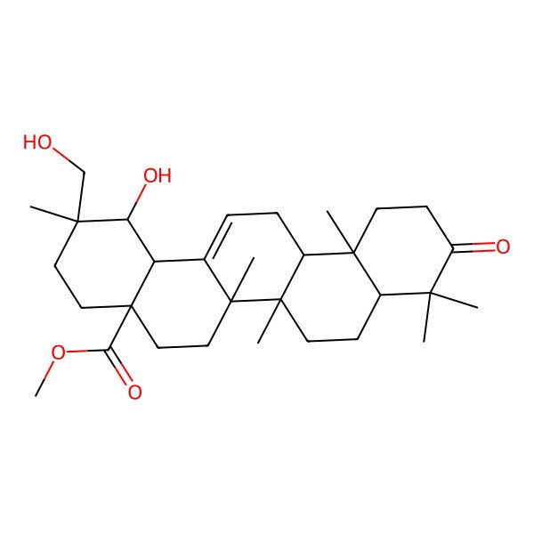 2D Structure of methyl 1-hydroxy-2-(hydroxymethyl)-2,6a,6b,9,9,12a-hexamethyl-10-oxo-3,4,5,6,6a,7,8,8a,11,12,13,14b-dodecahydro-1H-picene-4a-carboxylate