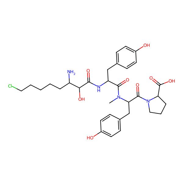 2D Structure of 1-[2-[[2-[(3-Amino-8-chloro-2-hydroxyoctanoyl)amino]-3-(4-hydroxyphenyl)propanoyl]-methylamino]-3-(4-hydroxyphenyl)propanoyl]pyrrolidine-2-carboxylic acid